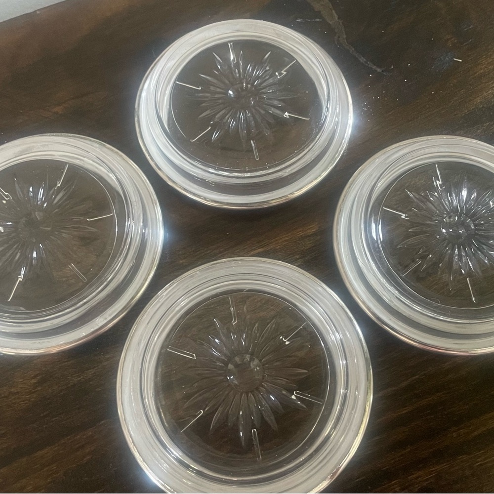 Set of Four Leonard Clear Glass Coasters with Silverplate Rim